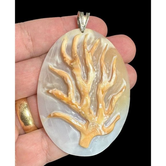 925 Italy Carved Coral Branch Cameo Pendant Artist Signed Mother of Pearl Dangle - Picture 2 of 7